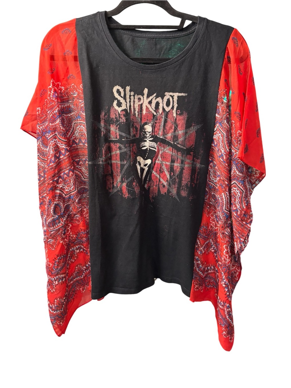 SlipKnot Black Graphic Tee with Red Bandana-Style Kimono Upcycled Sleeves